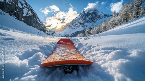 Snowboard resting on fresh snow with a stunning mountain backdrop at sunset