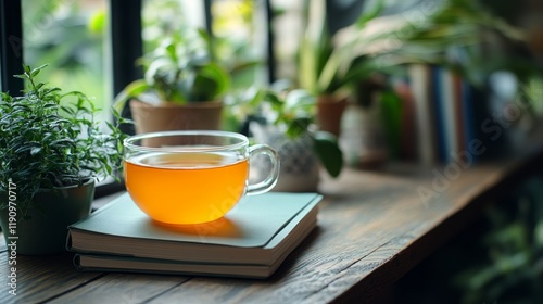 Cozy morning with tea in a speckled cup beside books and plants on a rustic w...