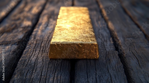 Gold bar resting on a wooden surface showcasing its shine and texture under n...