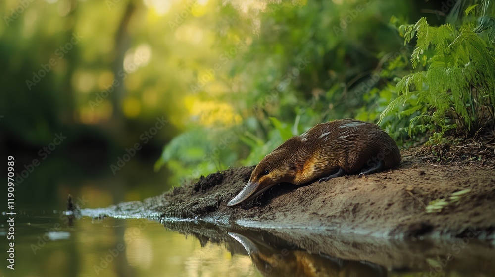 Discover the tranquility of nature: a curious platypus explores a serene, lush riverside haven in vibrant greenery. Discover the tranquility of nature: a curious platypus explores a serene, lush riverside haven in vibrant greenery.