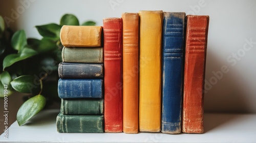 Colorful stacked books with greenery on a clean surface for a cozy study atmo...