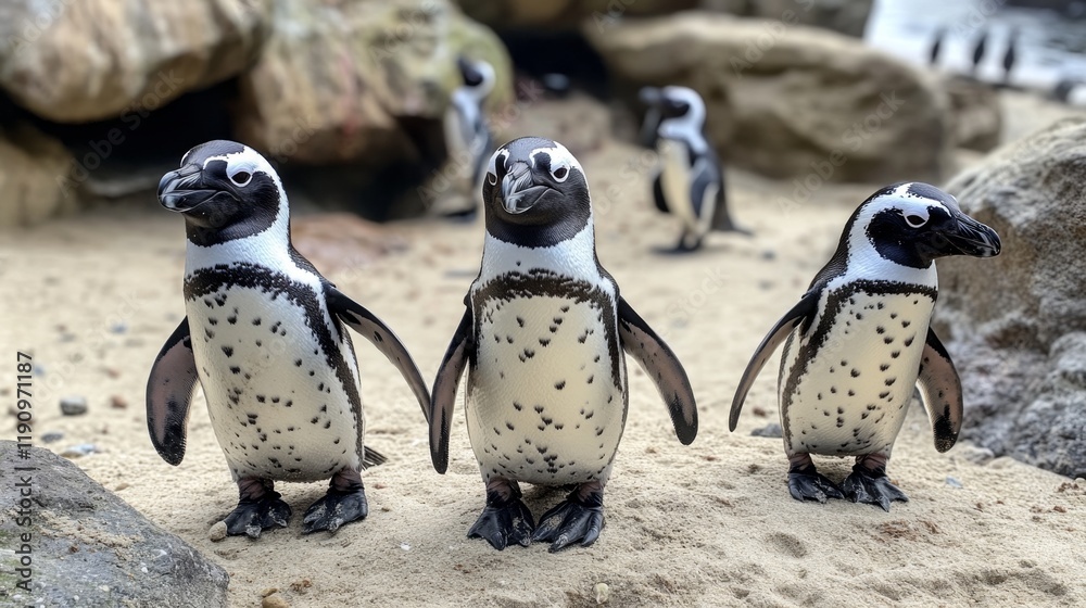 Fototapeta premium Three Adorable Penguins on the Beach