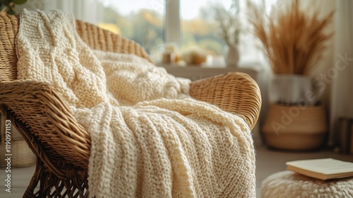 Soft cream yarn balls stacked on a cozy knitted blanket in a bright living ro...