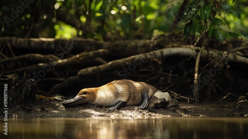 Explore wildlife photography: Discover the serene beauty of a platypus resting peacefully by the water in its natural habitat. photo