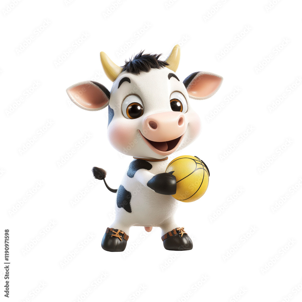 Fototapeta premium Adorable Cartoon Calf Playing with a Yellow Ball