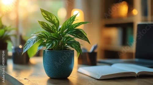 Decorative green plant on wooden table beside open notebook and laptop in coz...