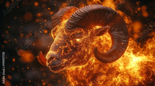 Fiery Ram with Glowing Horns. Generative AI
