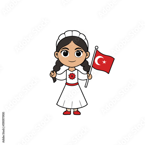 Fotografi A little girl in traditional Turkish attire solemnly honors Martyrs' Day in Turkey, holding a flag and flowers, symbolizing gratitude and respect for national heroes