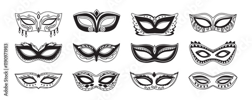 Mardi Gras eye mask elements set, isolated sign, symbol or icon. Black masquerade masks, for party, festival, parade and carnival, for Mardi Gras and Halloween. Set of carnival masks silhouettes.
