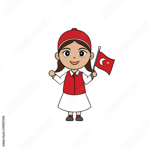 Foto A little girl in traditional Turkish attire solemnly honors Martyrs' Day in Turkey, holding a flag and flowers, symbolizing gratitude and respect for national heroes