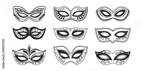 Black masquerade masks, for party, parade and carnival, for Mardi Gras and Halloween. Set of carnival masks silhouettes. Mardi Gras eye mask elements can be used as isolated sign, symbol or icon.