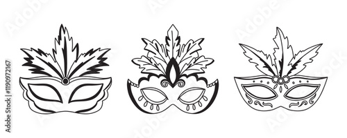 Set of carnival masks silhouettes. Eye mask can be used as isolated sign or symbol. Simple black icons of masquerade masks with feathers, for party, parade and carnival, for Mardi Gras and Halloween