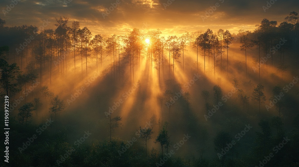 Fototapeta premium Sunbeams piercing through misty pine forest at sunrise.