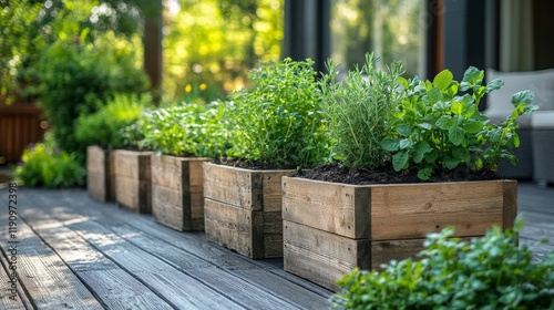 Herb garden in wooden planters on a sunny balcony filled with greenery