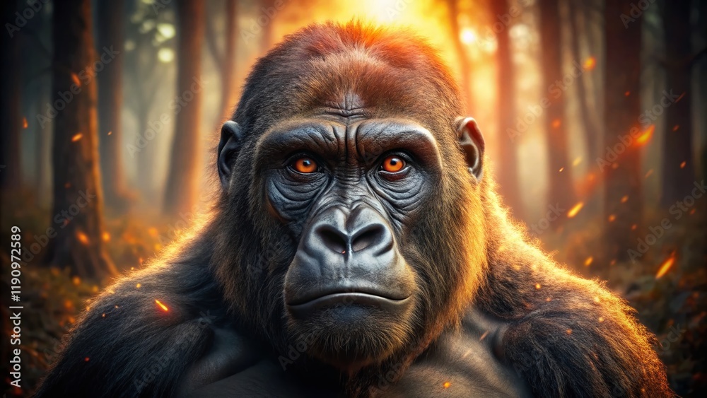 Obraz premium Powerful Gorilla with Glowing Eyes in Dark Forest - Mysterious Stock Photo