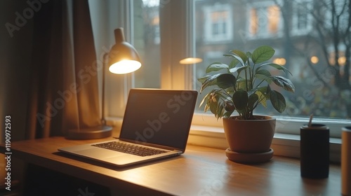 Cozy home workspace with plants and laptop on a white table