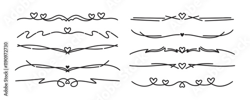 Line love separators set. Fancy dividers with hearts. Flourishes elegant decorative dividers, hand drawn line ornaments. Vintage vector border lines. Doodle linear separators set for Valentine's Day