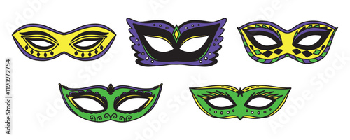 Simple masquerade masks, for party, parade and carnival, for Mardi Gras and Halloween. Set of carnival masks silhouettes. Colorful Mardi Gras mask elements can be used as isolated sign, symbol or icon