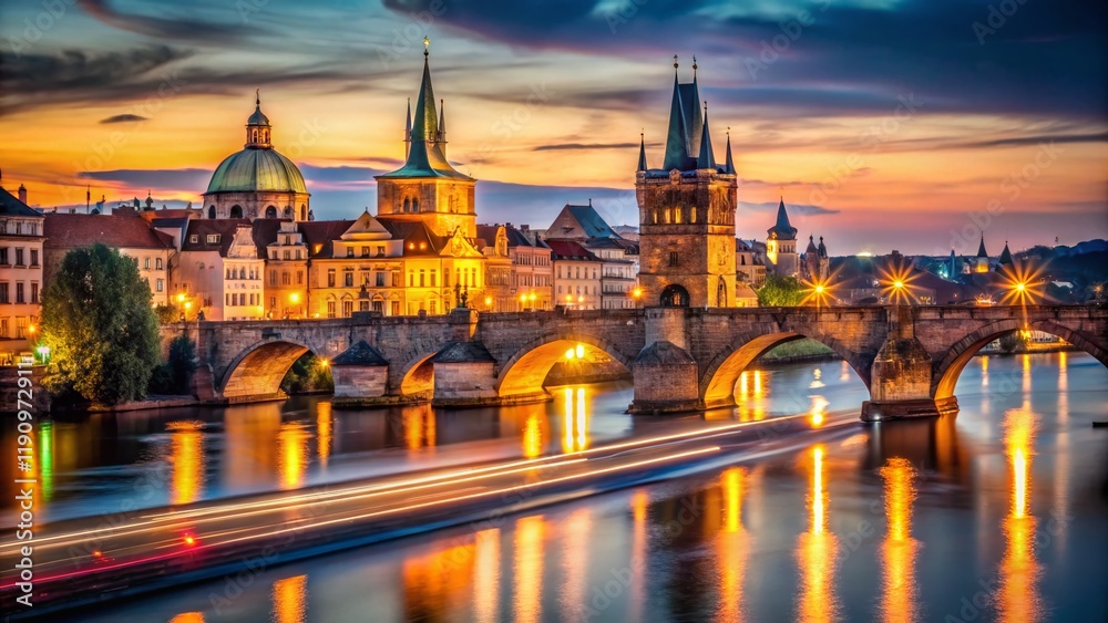 Prague Charles Bridge Night Long Exposure, Cityscape Lights Trails, Vltava River, Czech Republic Prague Charles Bridge Night Long Exposure, Cityscape Lights Trails, Vltava River, Czech Republic