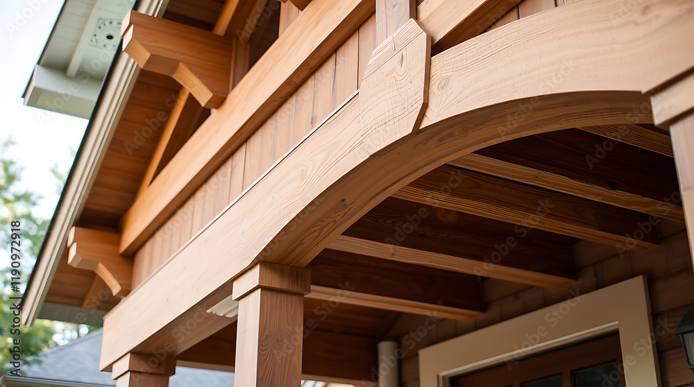 Fototapeta premium Craftsman Bungalow Exterior: Exquisite Wooden Arch and Porch Detail. High-quality design and construction, showcasing the beauty of natural wood. Ideal for real estate and home improvement.