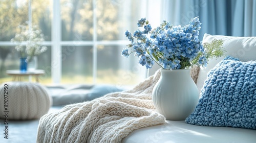 Cozy living room with decorative pillows and candle during evening
