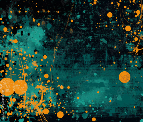 Dark Grungy Background with Green and Orange Gradient, Yellow Light, Textured Abstract Digital Artwork Featuring Brush Strokes and Paint Splashes for Digital Wallpapers and Illustrations