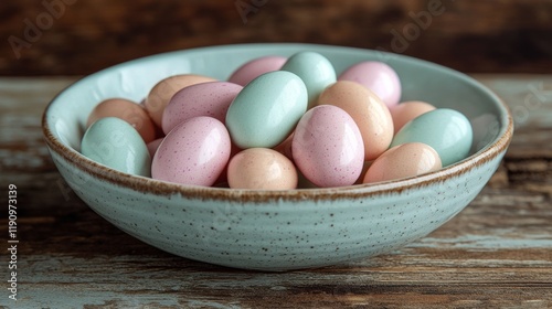 Pink candy eggs arranged neatly in a light blue bowl on a pastel pink backdrop