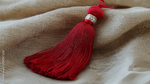 Beautiful red tassel with silver detail resting on beige fabric