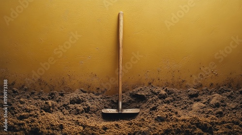 Garden shovel resting in freshly turned soil surrounded by colorful flowers i...