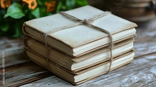 Vintage leather-bound notebooks stacked on a rustic wooden table with twine t...