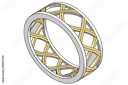 Circular metallic sculpture, golden and silver intertwined rings, optical illusion, abstract art, shiny reflective surface, precision engineering, futuristic design, minimalist geometric form, infinit