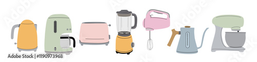 Kitchen appliance set. Cook utensils, tools, electric equipment. Coffee machine, toaster, blender, mixer, kettle. Flat vector illustrations objects isolated