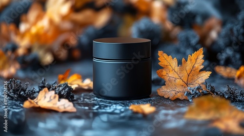 Black jar surrounded by autumn leaves and dark textures in a cozy setting