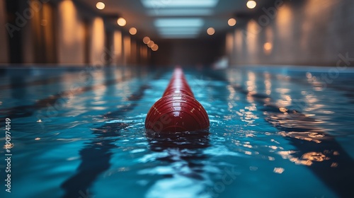 Colorful buoy markers in calm blue water at an indoor swimming facility durin...
