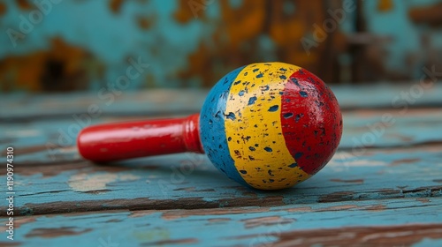 Colorful handcrafted maraca resting on a wooden surface with intricate design...