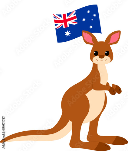 cute kangaroo cartoon character holding Australian flag illustration