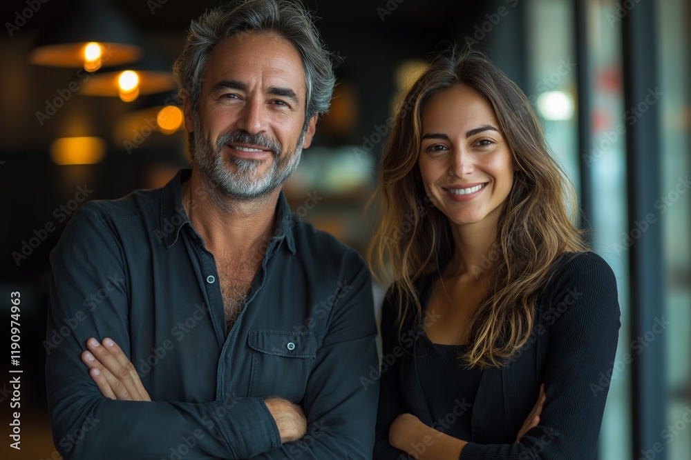 Fototapeta premium Middle-aged man and woman, portrait of lovers, happy faces of husband and wife .