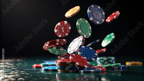 Dynamic Stack of Casino Chips Toppling Over Green Table