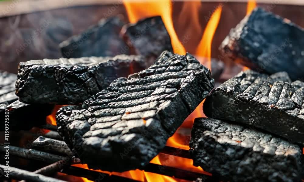 Close-up of burning coals for grill. Concept. Burning black coals for cooking on grill. Coals are burning and smoldering. Barbecue and grill season Close-up of burning coals for grill. Concept. Burning black coals for cooking on grill. Coals are burning and smoldering. Barbecue and grill season