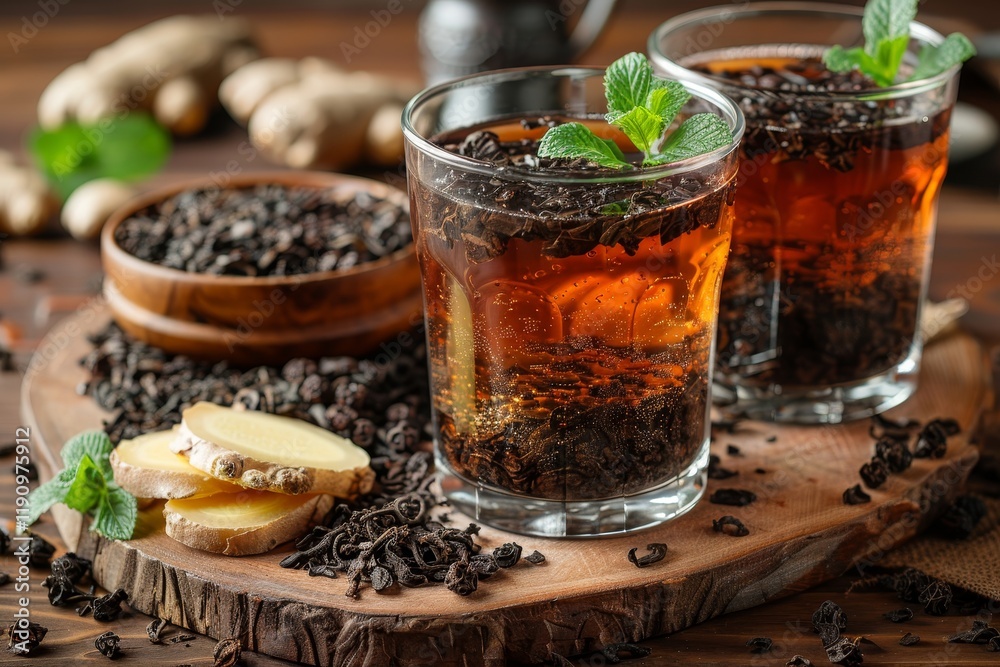 Aromatic ginger tea served with fresh ginger slices beautifully arranged on a rustic wooden table Aromatic ginger tea served with fresh ginger slices beautifully arranged on a rustic wooden table