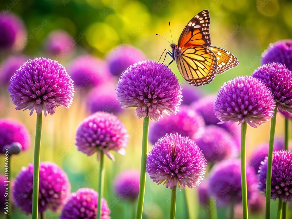 Purple Pompom Flowers Macro Photography with Butterfly Purple Pompom Flowers Macro Photography with Butterfly