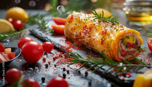 Delicious omelette roll with ham and cheese on a slate plate with cherry tomatoes, rosemary, lemon and spices.