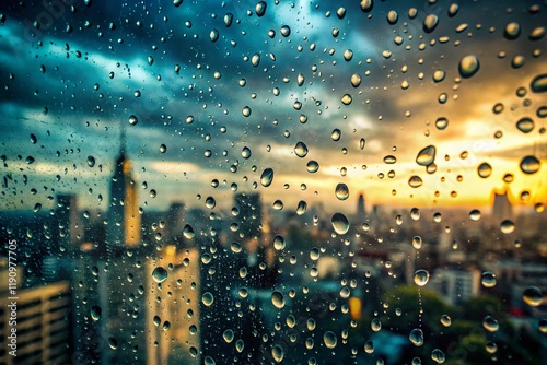 Rain Drops on Window, Cloudy Cityscape, Natural Pattern, Stock Photo