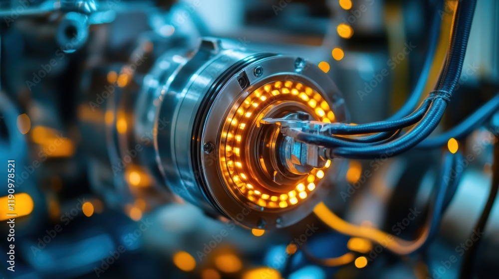 Fototapeta premium Illuminated with orange lights, a modern automated industrial production line conveyor system highlights advanced manufacturing processes and technological innovation