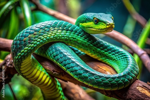 Rare Green Rhinoceros Snake (Rhynchophis boulengeri) Crawling on Artificial Branches in Zoo Aquarium photo