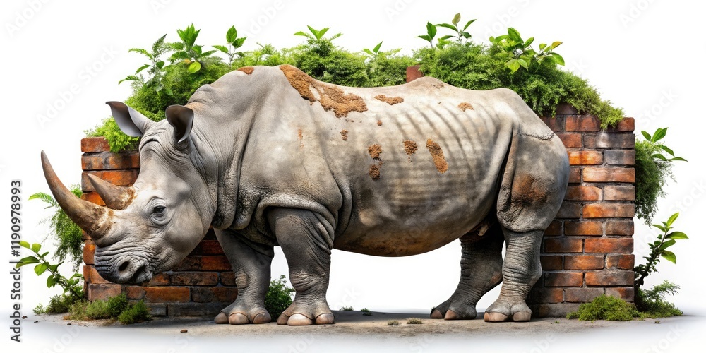 Fototapeta premium Surreal cityscape: a lone white rhino, endangered beauty amidst urban decay, isolated yet powerful.