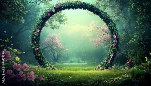 Enchanted Forest Archway Digital Painting, Lush Greenery, Mystical Portal, Fantasy Landscape, Floral Arch Fantasy art, digital painting