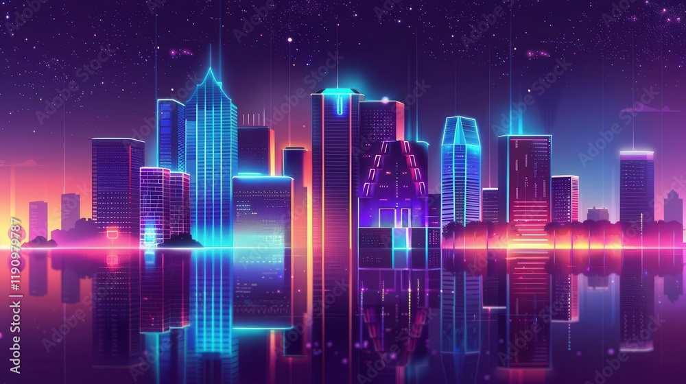 Futuristic city skyline with neon lights reflecting on water, creating a vibrant, digital atmosphere. Futuristic city skyline with neon lights reflecting on water, creating a vibrant, digital atmosphere.