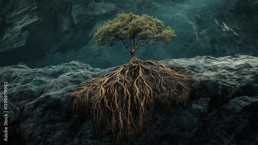 Resilient Tree Roots Embracing Rocky Surface Symbolizing Strength and Adaptability in Harsh Environments Under Clear Blue Sky and Bright Sunlight Resilient Tree Roots Embracing Rocky Surface Symbolizing Strength and Adaptability in Harsh Environments Under Clear Blue Sky and Bright Sunlight