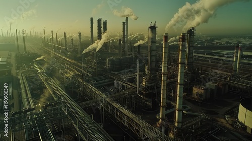 Industrial complex with smokestacks and pipelines emitting steam in a hazy atmosphere.